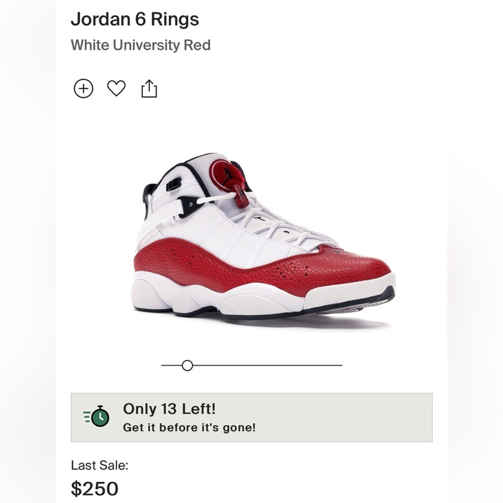 Jordan 6 Rings White University Red size 8 selling for $250+ currently worn once